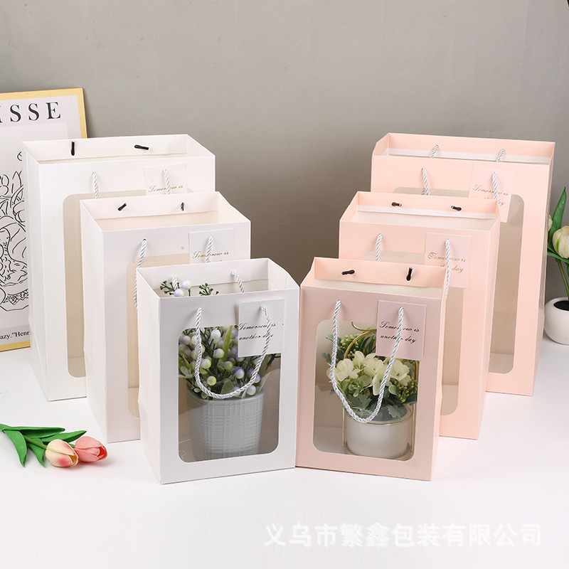 Gift Bags, High-End Transparent Paper Bags, Flower Bouquet Packaging Bags, Valentine's Day Gift Bags, Windowed Tote Bags