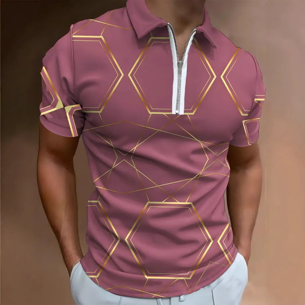 Camisa POLO con cremallera de manga corta con solapa suelta y ancho de hombros de todo fósforo casual para hombres Venta caliente en stock de impresión digital 3D