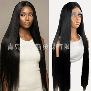 速卖通欧美时尚女士黑色齐刘海长直发自然日常高温丝化纤全头套