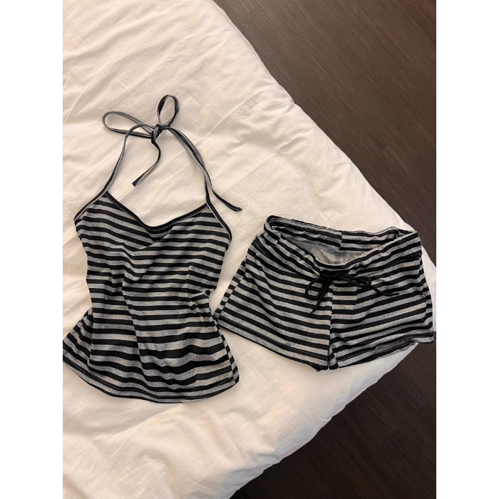 纯欲条纹系带挂脖小吊带睡衣女夏季辣妹带胸垫美背短裤家居服套装|undefined
