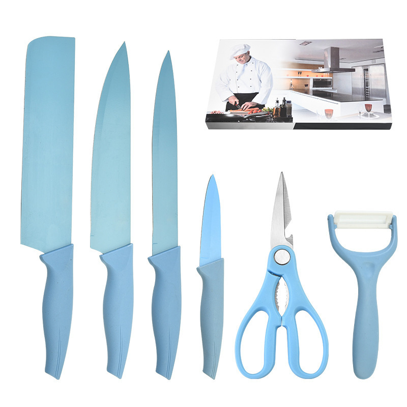 En stock cuchillo de acero inoxidable cuchillo de pintura en aerosol mango de cola de Fénix cuchillo de cocina pequeño caja de regalo de seis piezas cuchillo de corte de cocina traje de cuchillo