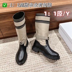 刺绣字母骑士靴百搭女2025早秋新款纯色不过膝显瘦针织靴子高筒靴