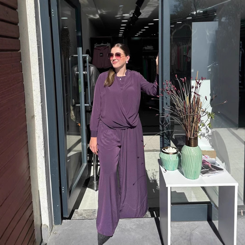Turkish Cross-Border Women's Fashion Casual Set: Half-High Collar Shirt, Sleeveless Cardigan, High-Waisted Wide-Leg Pants, Two-Piece Set
