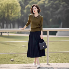 今年流行的针织套装女装2025春季新款polo领上衣百褶半身裙两件套