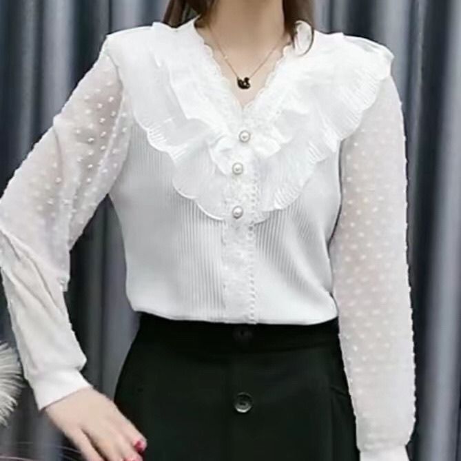 Beautiful Collared Undershirt for Women, Stylish Summer Lace Chiffon Sleeve Top, Fashionable, Youthful, Loose-Fitting Outerwear Beautiful Collared Undershirt for Women, Stylish Summer Lace Chiffon Sleeve Top, Fashionable, Youthful, Loose-Fitting Outerwear