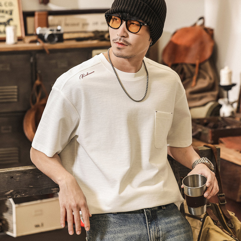 Old Money Style Heavy-Duty Short-Sleeve T-Shirt for Men, 2026 New Model, Simple Pocket Embroidery, Summer American Casual Top