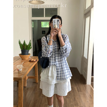 广州黄峥韩版服饰夏日蓝色格子长袖衬衫女宽松防晒衫中长款520632