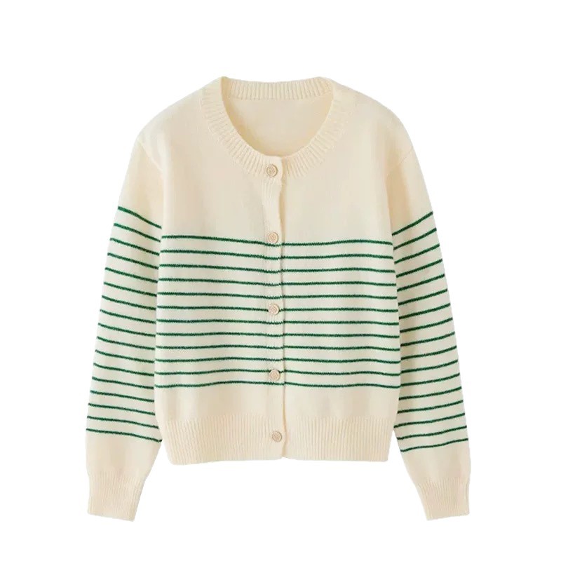 Cardigan de punto a rayas francesas para mujeres a principios de otoño pequeño plegado para usar suéter de manga larga de cuello redondo chaqueta superior image 6