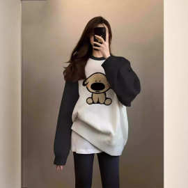 韩版复古chic插肩袖女装卫衣秋冬大码宽松ins潮撞色卡通外套上衣