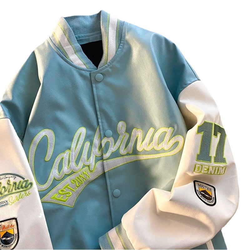 Chaqueta de béisbol de los hombres de primavera y otoño nueva de alto grado Ruan guapo piloto bordado PU cuero costura contraste color chaqueta superior