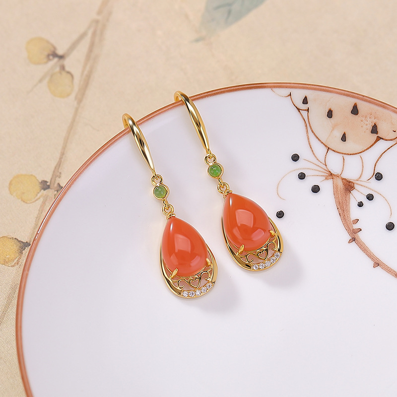 Khuyên tai nữ bạc S925 mạ vàng hồng đính mã não jasper hình giọt nước phong cách thanh lịch — Cặp đôi