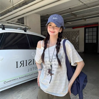 条纹斜肩短袖t恤女夏季2026新款设计感小众宽松慵懒风露肩上衣潮