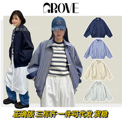 现货韩国grove双面夹克男女同款早秋新款复古宽松工装格子外套冬