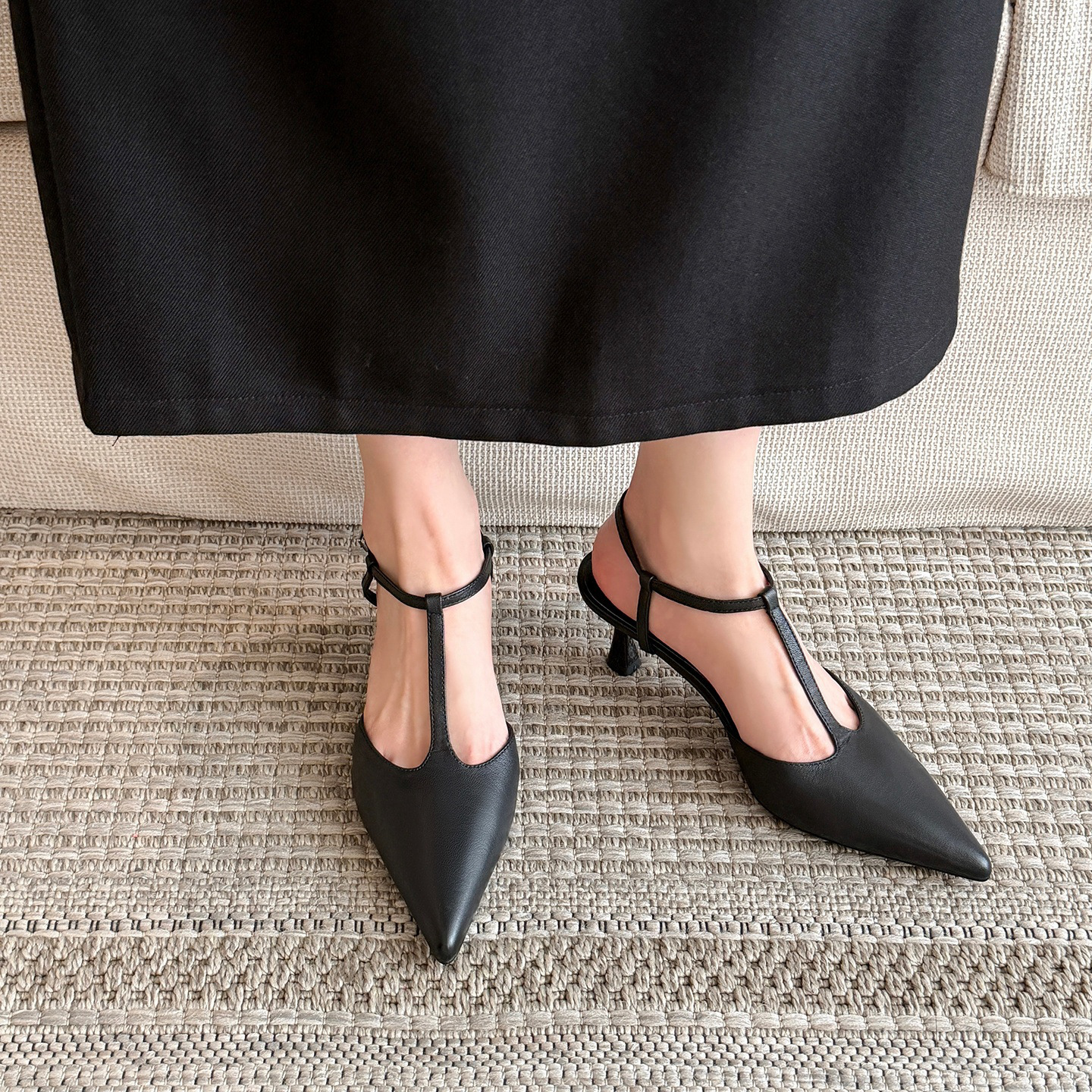Sandal cao gót nữ mũi nhọn quai chữ T hở gót, da cừu, gót 5 cm — màu nâu