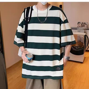Hong Kong Style Short-Sleeved T-Shirt Men's Summer National Trend Stripesd Neutral Style Couple Casual Korean Style Trendy Brand Retro T-Shirt