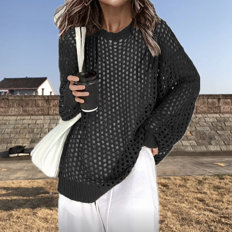 Blusa de Punto Calada para Mujer en Acrílico, UPF50+, Corte Holgado, Manga Larga, para Playa image 4