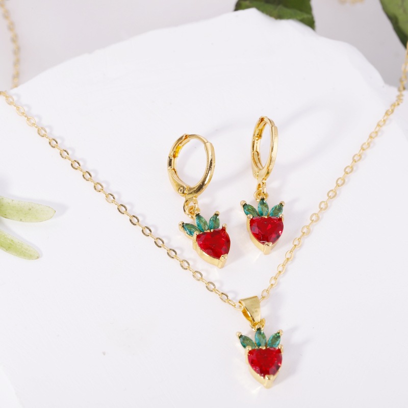 Fruit Earring Necklace Set Colorful CZ Zircon Earrings Grape Cherry Piercing Jewelry Gold detail image 21