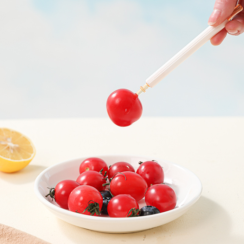 Tenedor de frutas de doble cabeza, horquilla de fruta portátil, horquilla de barbacoa reutilizable, horquilla de pastel de plástico de grado alimenticio, horquilla doméstica pequeña