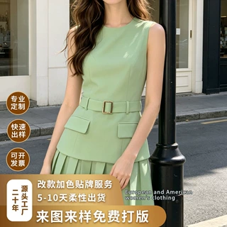 跨境欧美希音女装优雅法式风格简约百搭圆领无袖系带腰褶皱连衣裙