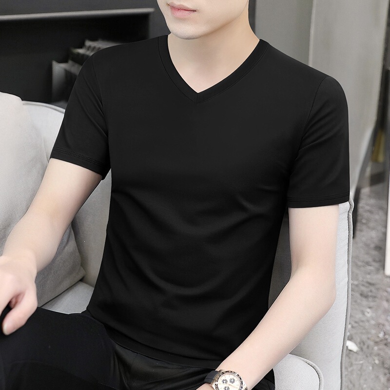 2026 New Solid Color Short-Sleeved T-Shirt Men's Black Base Shirt V-Neck Quality Autumn and Winter T-Shirt