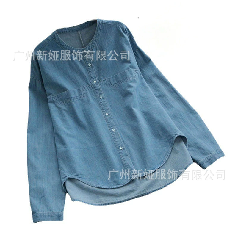 Весна 2021 Новый однобортный джинсовый хлопковый однобортный Кардиган с круглым вырезом и длинными рукавами, элегантная Свободная рубашка для пригородных поездок