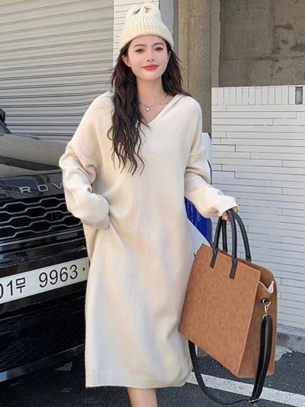 针织毛衣长袖连帽针织连衣裙女新款小众设计感宽松显瘦打底长裙子|undefined