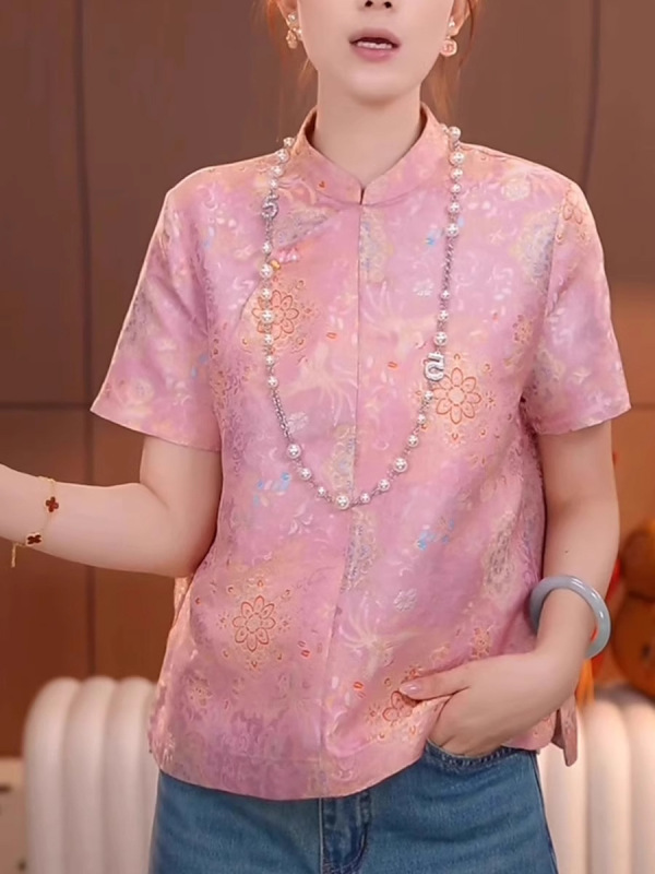 新しい中国風ピンク宋錦ジャカード半袖シャツ女性のための 2025 夏スタンドカラーボタンプリントショルダートップ|undefined