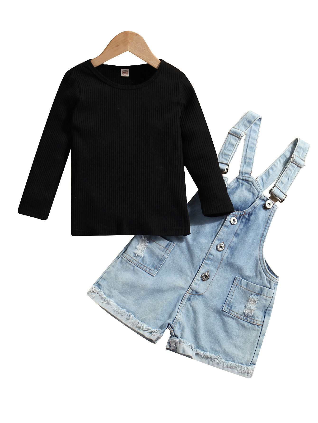 Neues trendiges Set aus langärmligem Strickpullover mit Streifenmuster und Jeans-Shorts mit Schulterriemen für Mädchen_voghion.com