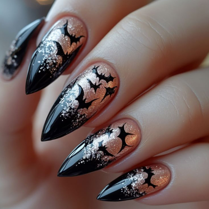 Halloween Almond-Shaped Wearable Nails Black French Edge Glitter Bat Pattern Decoration Removable Fake Nail Patches Halloween Almond-Shaped Wearable Nails Black French Edge Glitter Bat Pattern Decoration Removable Fake Nail Patches