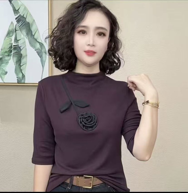 一件代发直播爆款2025早秋新款立体手工花中袖半高领气质百搭上衣|undefined