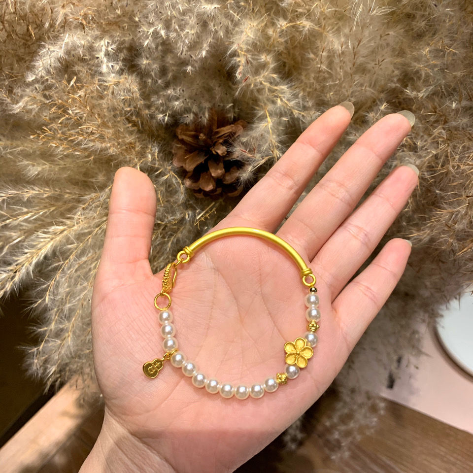 正品周家小红书推荐沙金半镯半链弯管旺桃花珍珠手链手串女新款