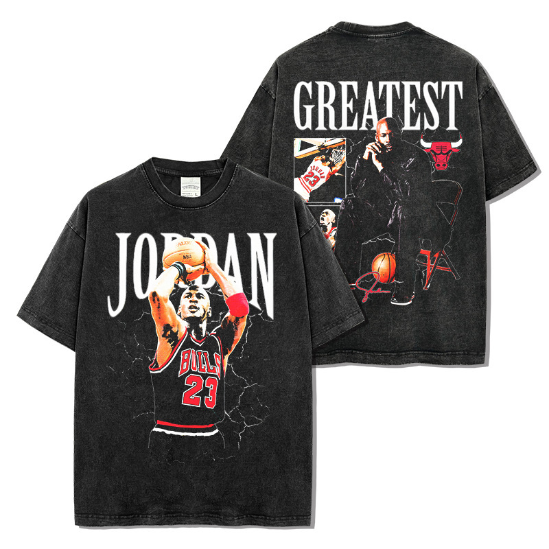 Cross-Border Mj Aerial Acrobatics Double-Sided Printed Short-Sleeve T-Shirt High Street Washed Heavy Cotton Small Neckline T2026 New Model