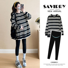 孕妇秋冬时尚百搭韩版条纹拼接假两件上衣大码显瘦遮肉中长款卫衣