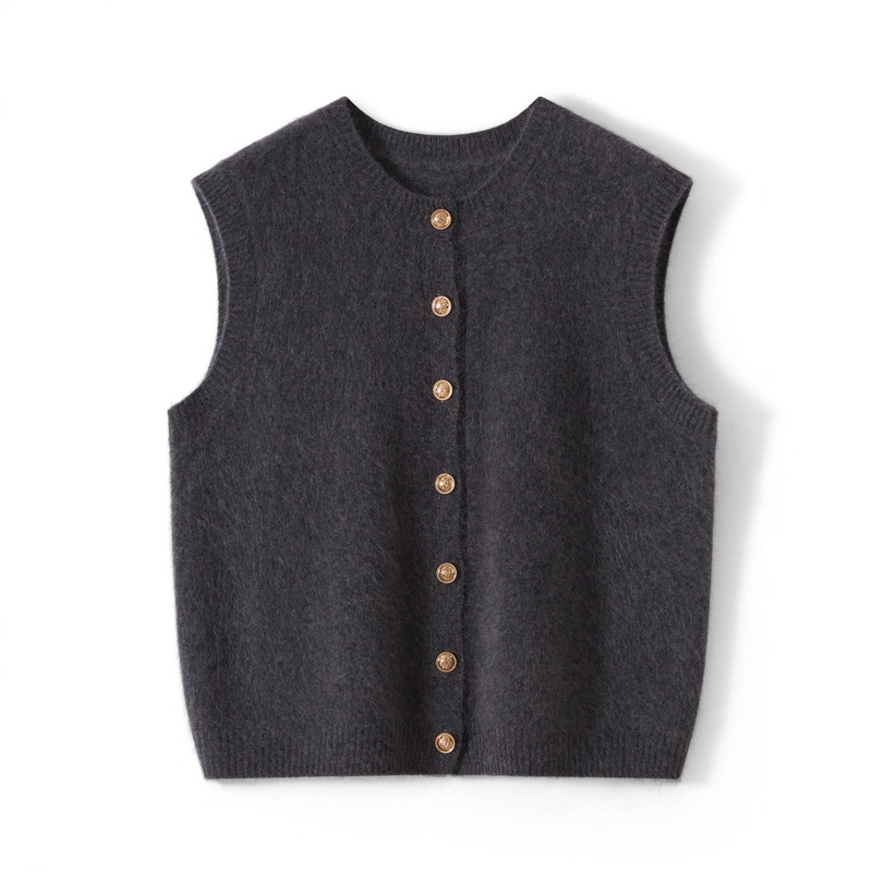 Brushed Knitted Vest Round Neck Cardigan Women's Sleeveless Loose Sweater Wool Fashion Cashmere Vest Caramel Color