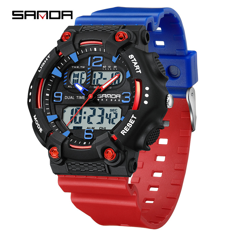 SANDA reloj juvenil de moda color contraste doble pantalla reloj multifuncional para hombres y mujeres estudiantes reloj electrónico de luz nocturna