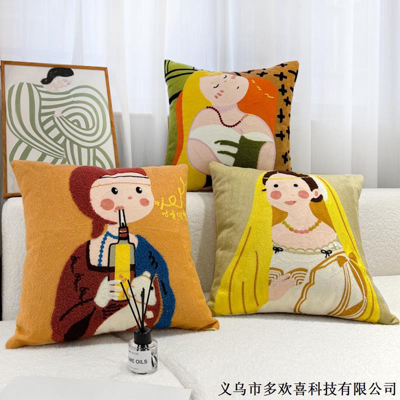 Marchxi Cartoon Oil Painting Embroidered Pillow Original Sofa Living Room Pillow Cushion Model Room ins Bay Window Pillowcase