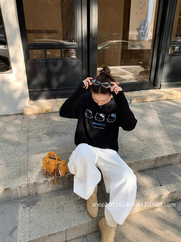 现货发！25新款猫咪印花蝴蝶结带钻长袖T恤上衣女|undefined