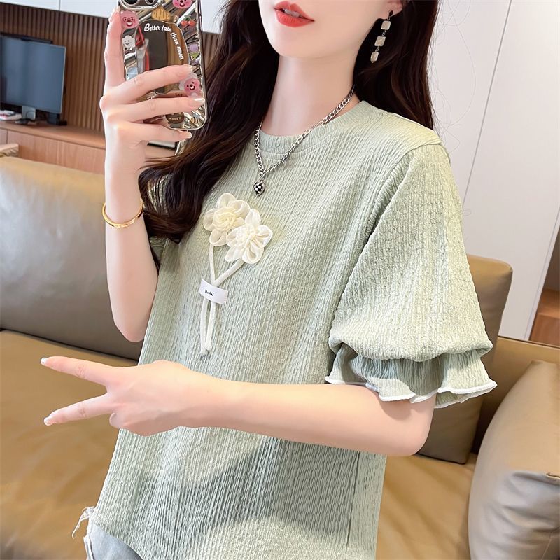 Sensación de diseño de nicho camiseta de manga corta con manga de hoja de loto para mujer verano versión coreana suelta de gran tamaño para mujer color de contraste pequeño top image 4
