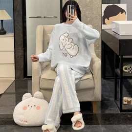 睡衣女秋冬季半边绒加厚大码长袖长裤软绵绵家居服套装跨境外贸