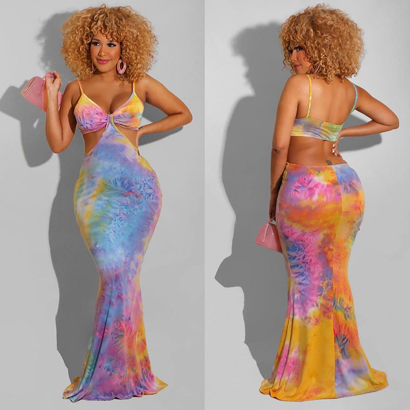 Printed Hollow Sling Skirt Sleeveless Halter Slim and Thin Hip Long Dress NSJYF64581