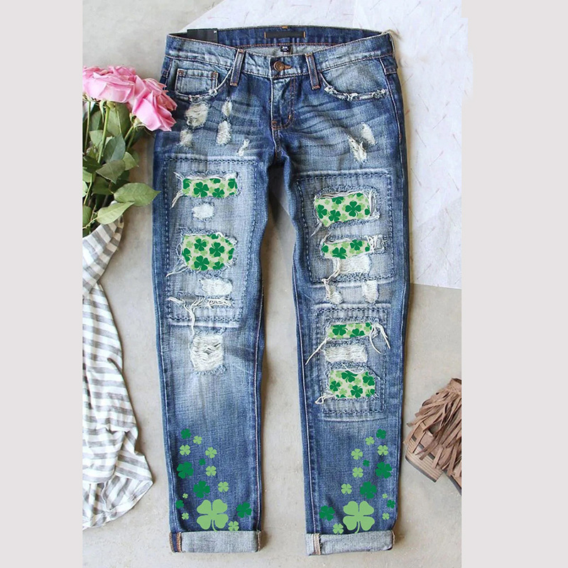 European and American jeans for women 2023 Summer new St. Patrick's Day clover printed mid-waist ripped jeans for women