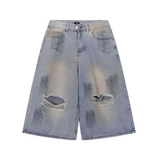 American Trendy Brand Spray-Painted Washed Distressed Ripped Denim Shorts Men's Summer New Loose Wide-Leg Straight Cropped Pants