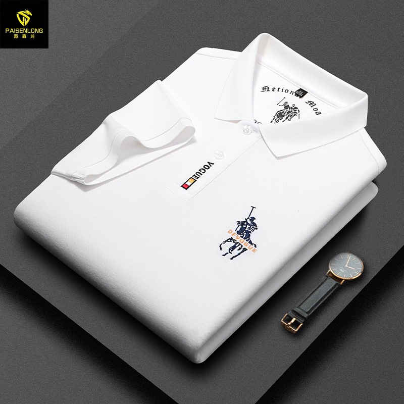 Paisenlong Cotton Short-Sleeve Polo Shirt for Men, Solid Color Embroidered, Middle-Aged Short-Sleeve Collared T-Shirt for Men