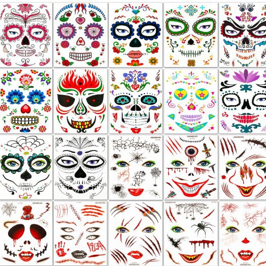 Exclusive cross-border supply of Halloween party face tattoo stickers: colorful sugar skulls, grim faces, scratches, bloodstains, spiders Exclusive cross-border supply of Halloween party face tattoo stickers: colorful sugar skulls, grim faces, scratches, bloodstains, spiders