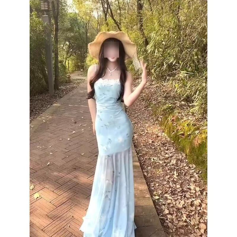 蕾丝网纱拼接吊带连衣裙女夏季度假收腰鱼尾长裙辣妹修身包臀裙子|undefined