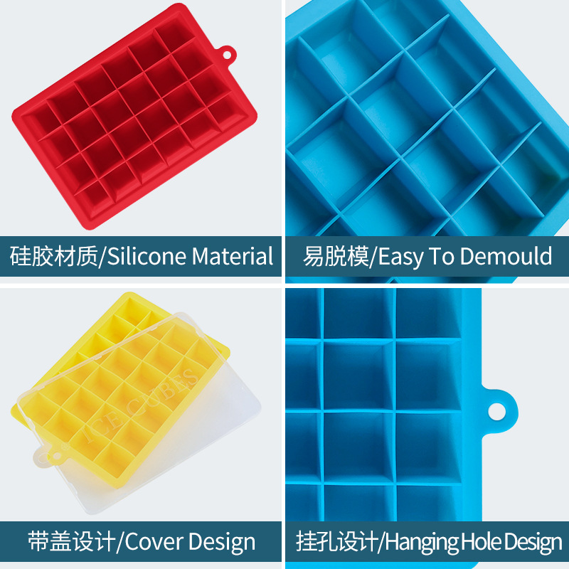 Cubo de hielo de silicona 24 rejilla cuadrado molde de cubo de hielo con tapa fabricante de hielo del hogar molde de cubo de hielo en stock al por mayor