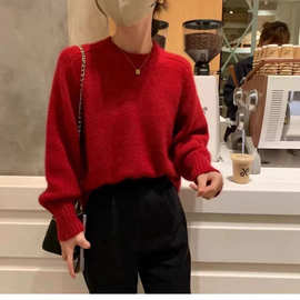 红色针织加厚毛衣女秋冬新款套头休闲软糯打底衫轻奢洋气外穿上衣