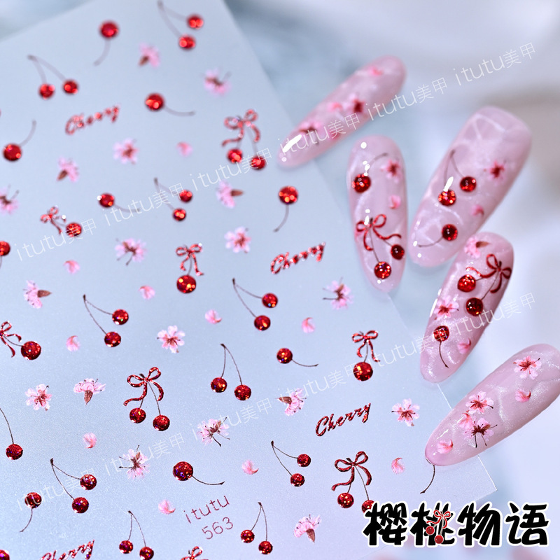 Itutu New Cherry Embossed Nail Art Stickers Small Cherry Fingertip Patterns Adhesive Backing 563