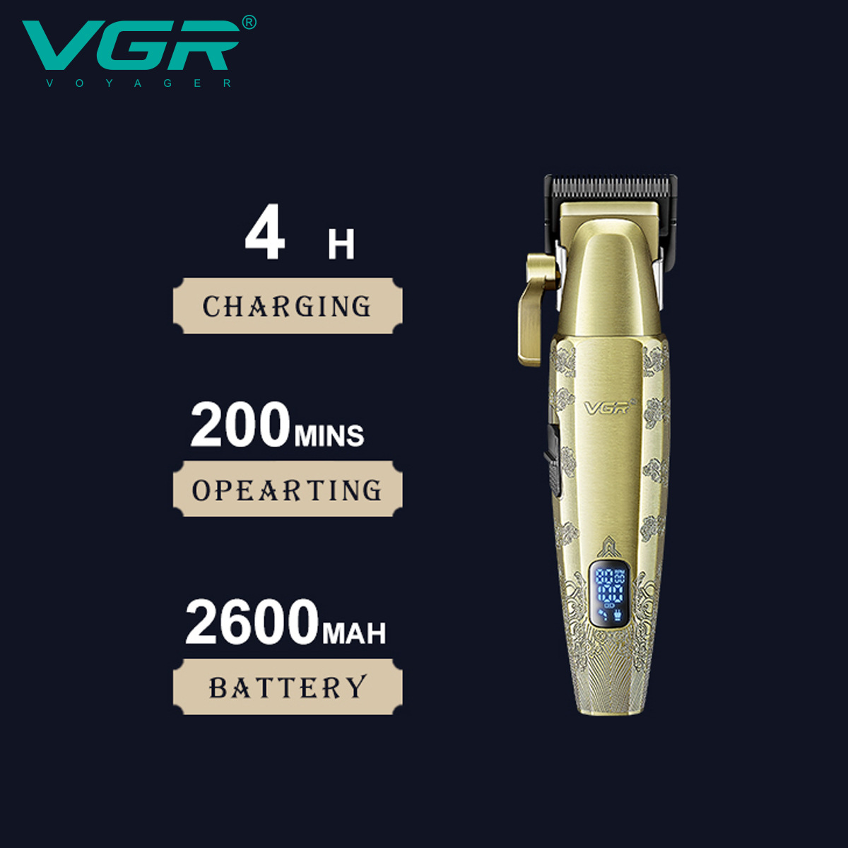 VGR036 Professional Metal Hair Clipper for Men Digital Display Electric Rechargeable Trimming Tool High Power Salon Quality_voghion.com