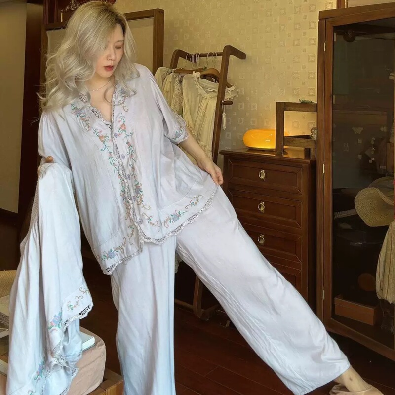 Spring and Summer French-Style Embroidered Retro Pajamas for Women, Short-Sleeved Shorts, Bamboo Fiber, Can Be Worn Outside, Loose-Fitting Home Wear Set for Summer